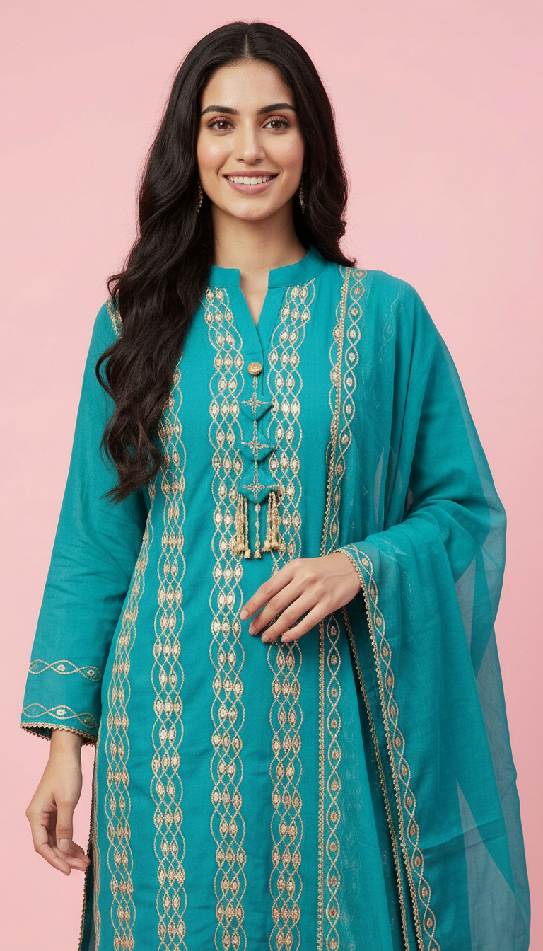 Pure Chinon Embroidered Gota Patti Sharara Stitched Suit - Rama Green / HC001673 view 4