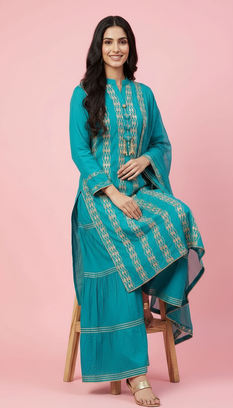 Pure Chinon Embroidered Gota Patti Sharara Stitched Suit - Rama Green / HC001673 view 5