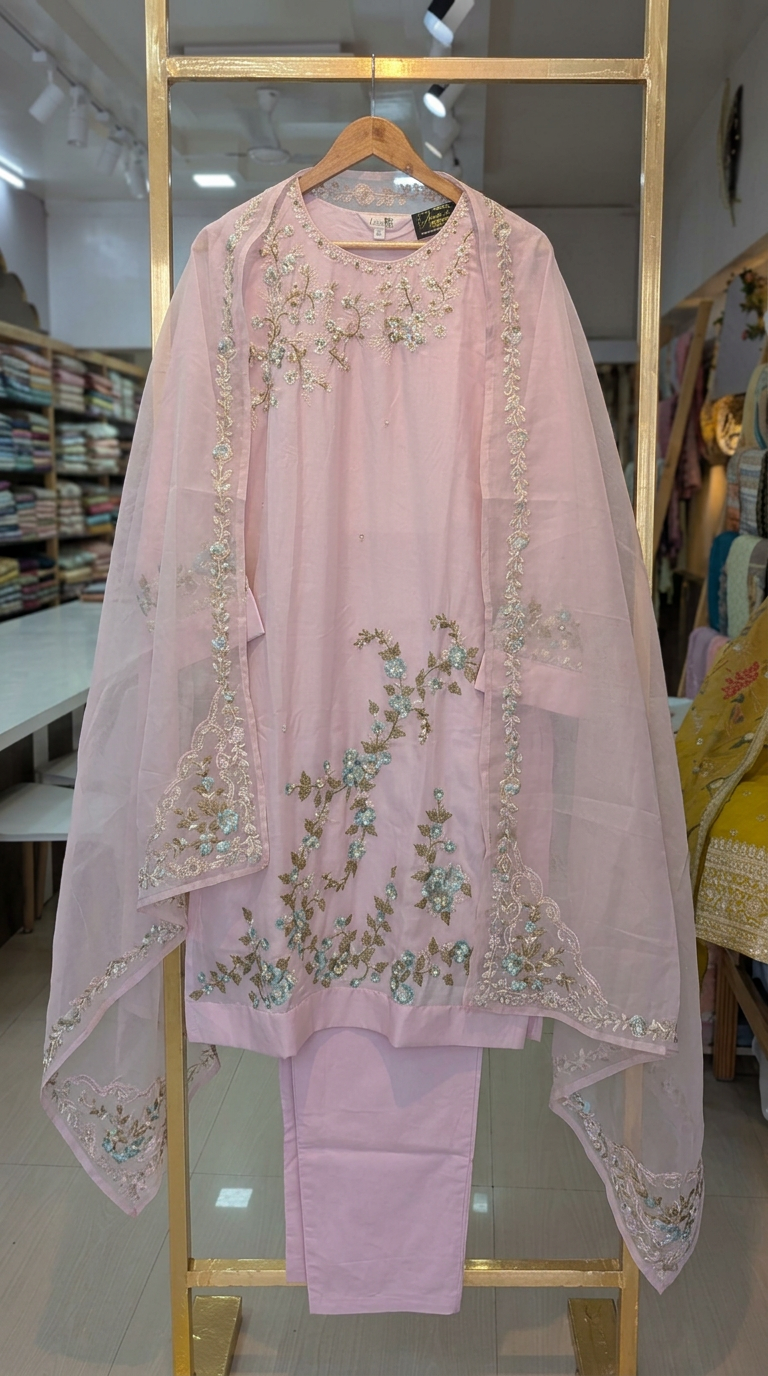 Embroidered Pink Organza Stitched Suit -1370 XL A / HC001355 view 6