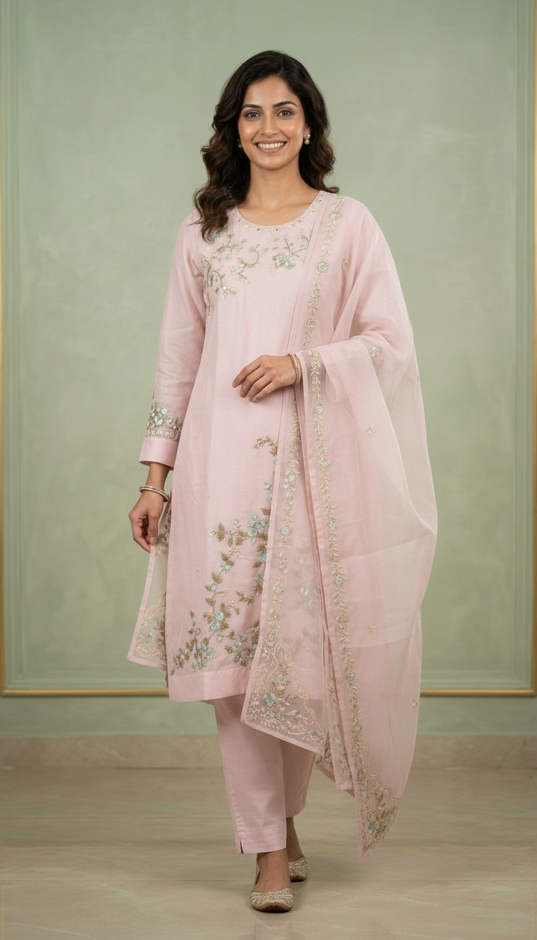 Embroidered Pink Organza Stitched Suit -1370 XL A / HC001355 view 4