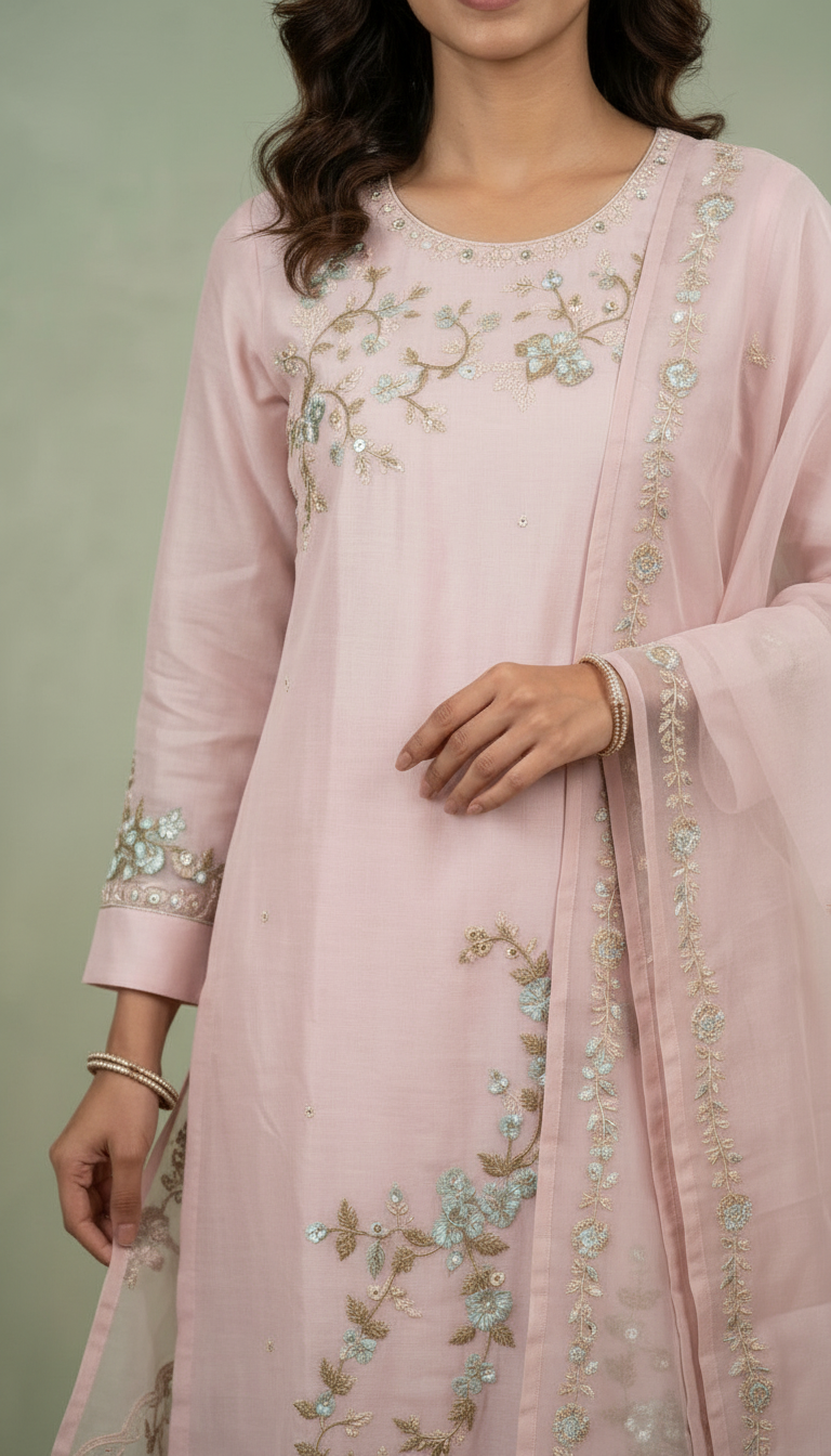 Embroidered Pink Organza Stitched Suit -1370 XL A / HC001355 view 3