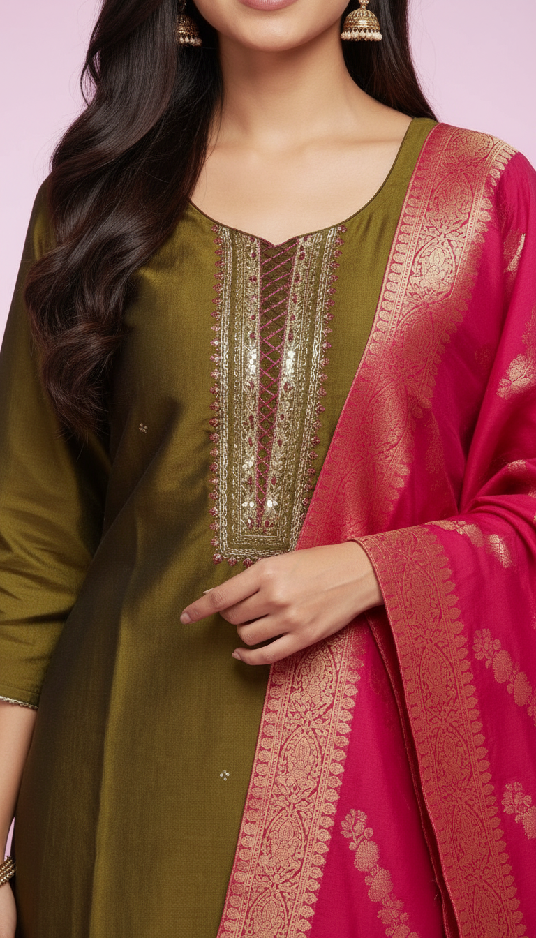 Elegant Stylish Party Wear Stitched Suit - Mehndi  XL / HC002151 view 3