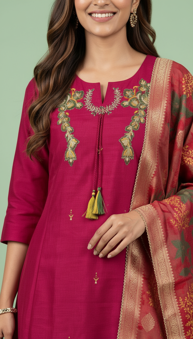 Embroidered Pure Silk Stitched Frock Suit - Maroon  / HC002163 view 3