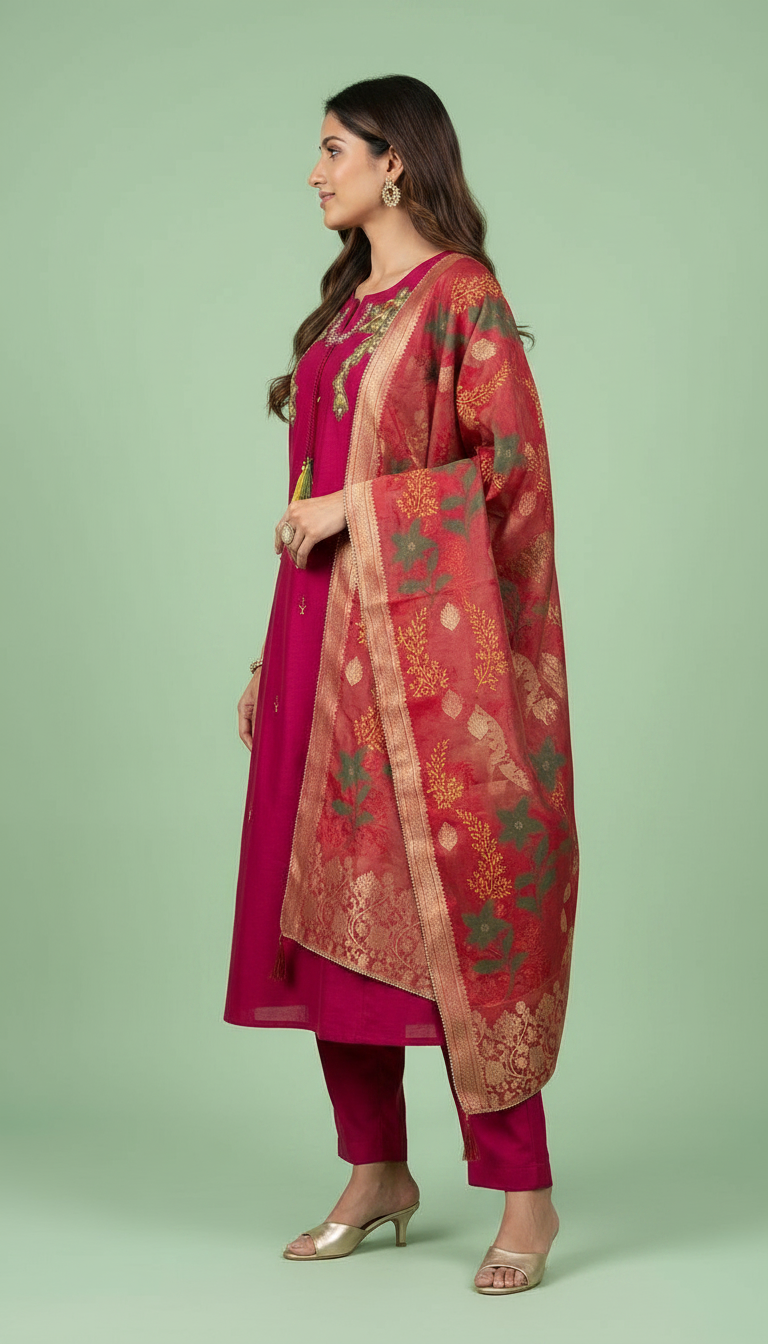 Embroidered Pure Silk Stitched Frock Suit - Maroon  / HC002163 view 2