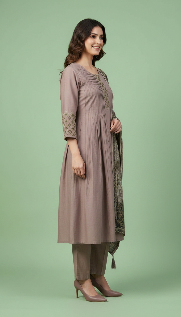 Embroidered Silk Frock Stitched Suit - A2885 / HC002384 view 3
