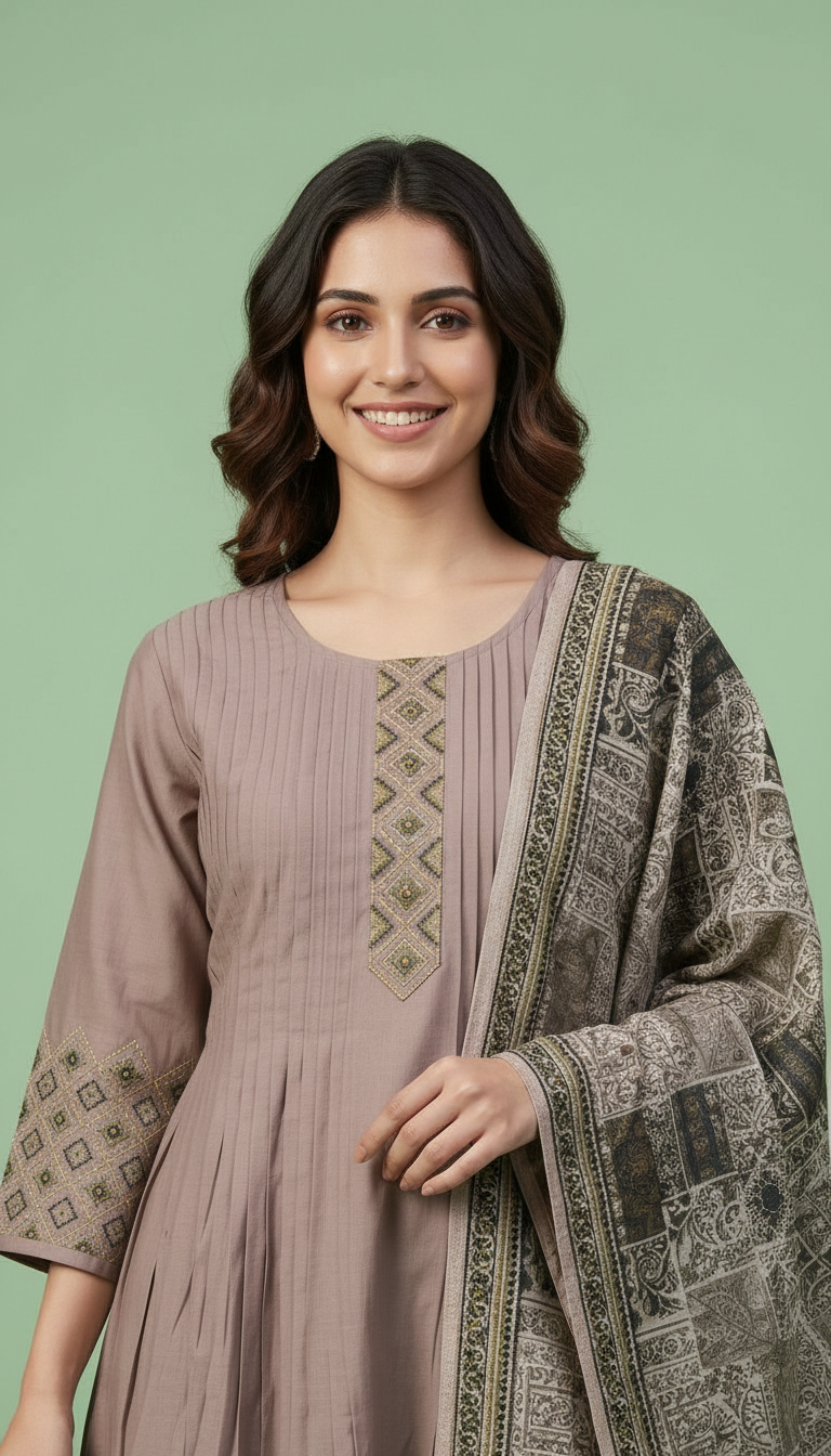 Embroidered Silk Frock Stitched Suit - A2885 / HC002384 view 4