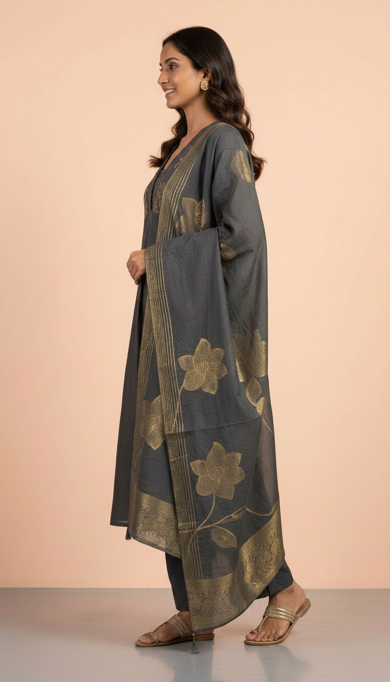 Modal Silk Fabric Stitched Suit Gry / HC001967 view 2