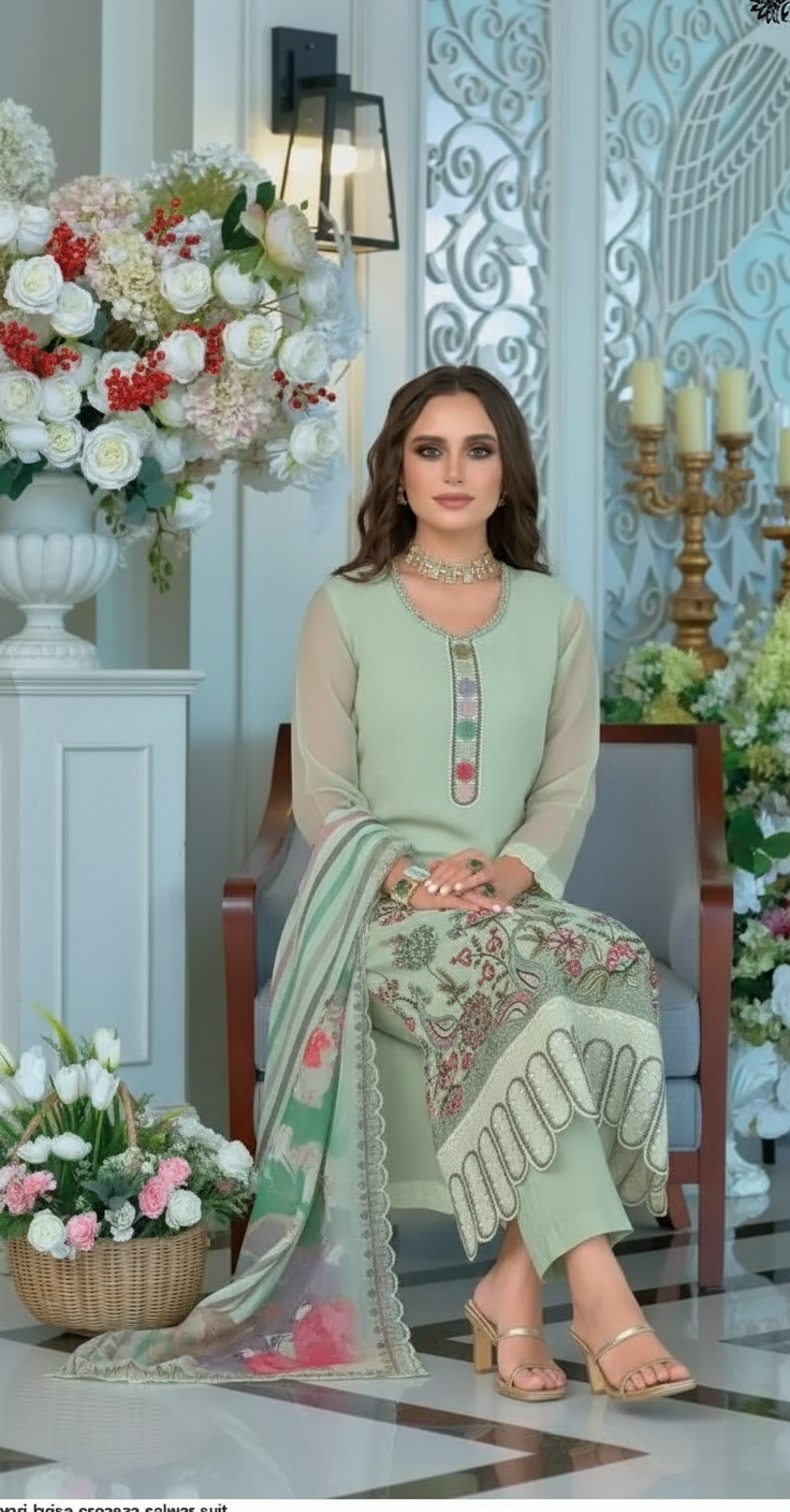 Embroidered Organza Salwar Stitched Suit - 1893 Green / HC001976 view 5