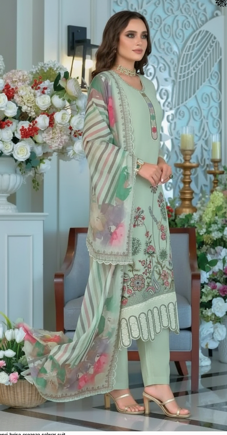 Embroidered Organza Salwar Stitched Suit - 1893 Green / HC001976 view 3
