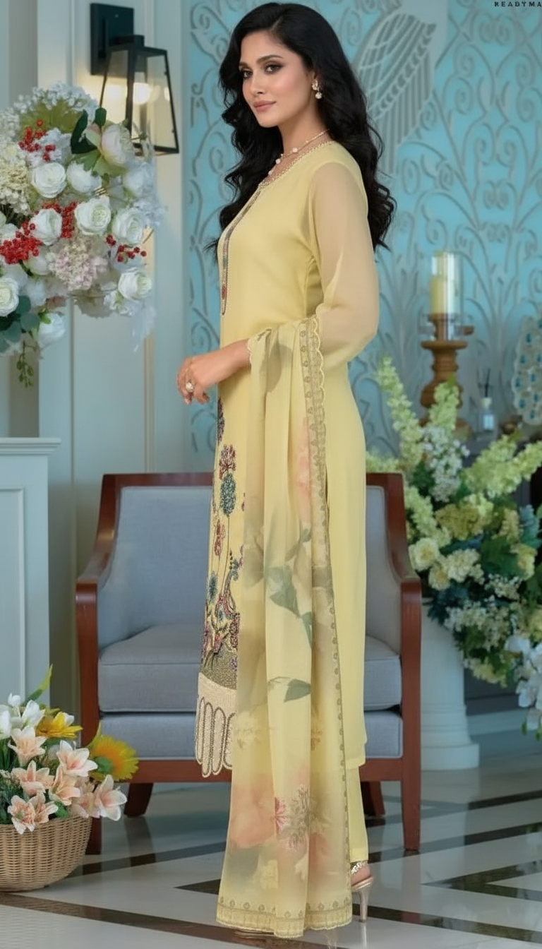 Embroidered Organza Salwar Stitched Suit - 1893 Yellow / HC001976 view 4