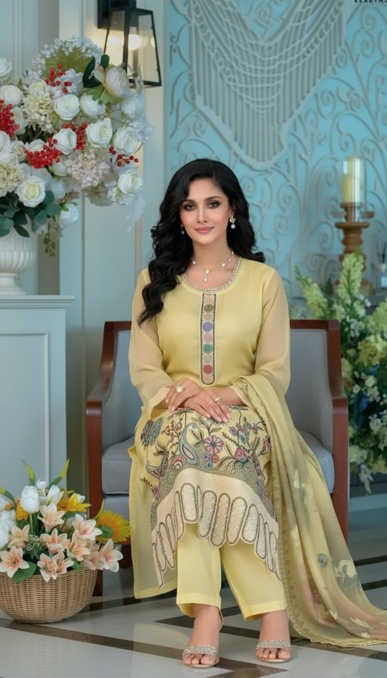 Embroidered Organza Salwar Stitched Suit - 1893 Yellow / HC001976 view 5