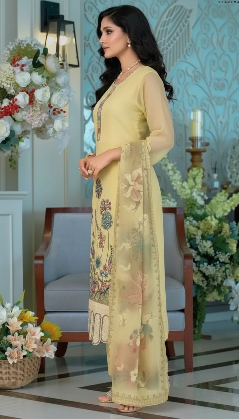 Embroidered Organza Salwar Stitched Suit - 1893 Yellow / HC001976 view 2