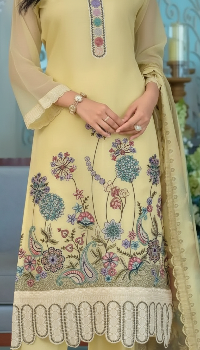 Embroidered Organza Salwar Stitched Suit - 1893 Yellow / HC001976 view 3