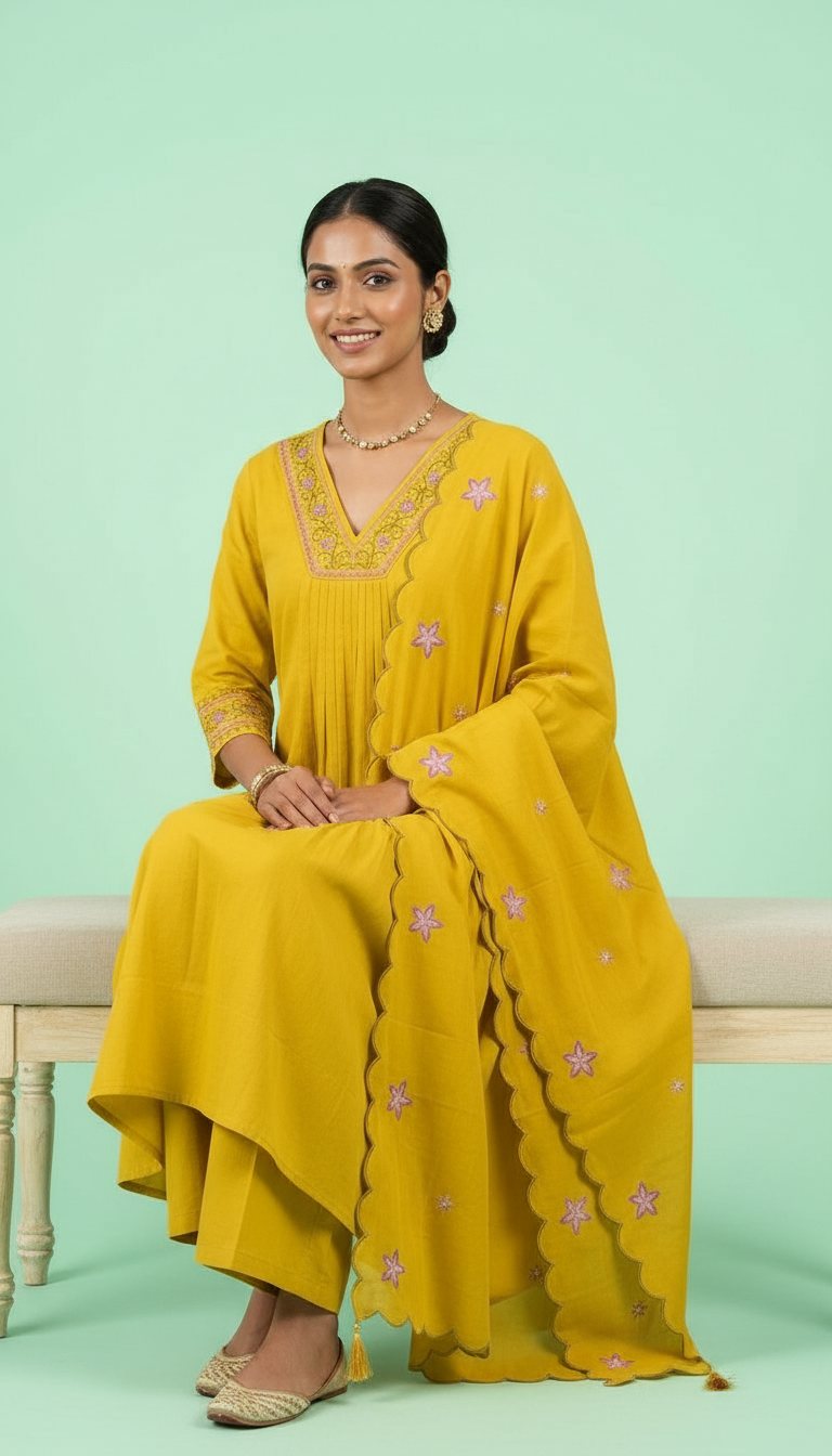 Designer And Stylish Embroidered Stitched Frock Suit  - Mustard / HC002027 view 4