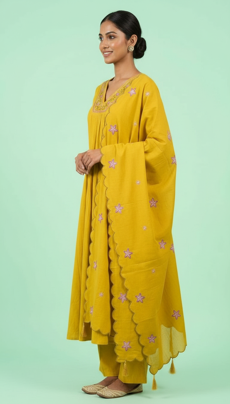 Designer And Stylish Embroidered Stitched Frock Suit  - Mustard / HC002027 view 2