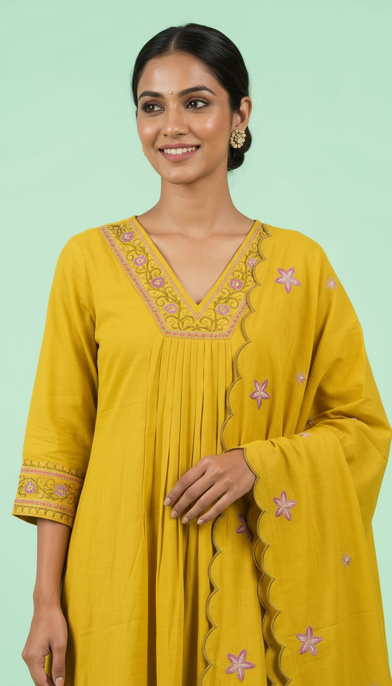 Designer And Stylish Embroidered Stitched Frock Suit  - Mustard / HC002027 view 3