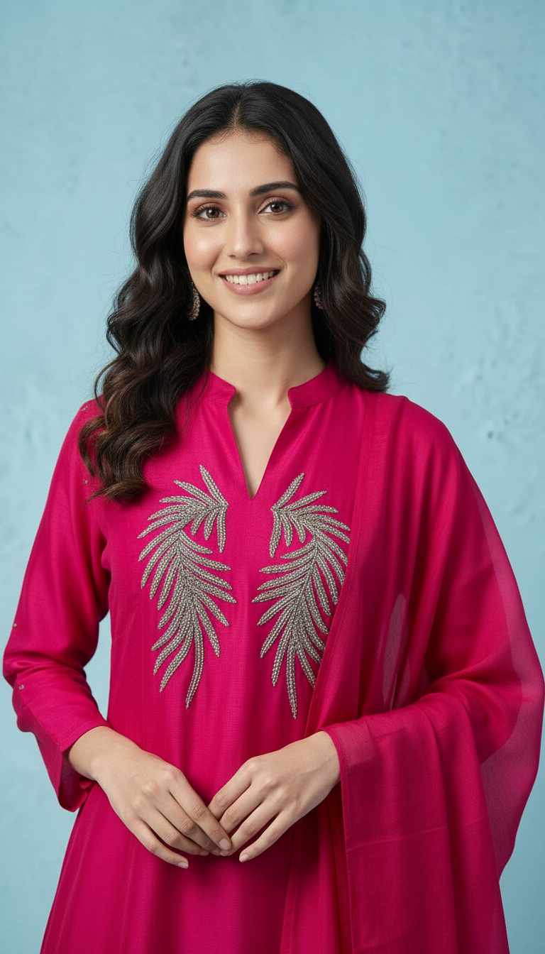 Pure Viscose Silk Embroidered Stitched Frock Suit  - Rose / HC002148 view 3