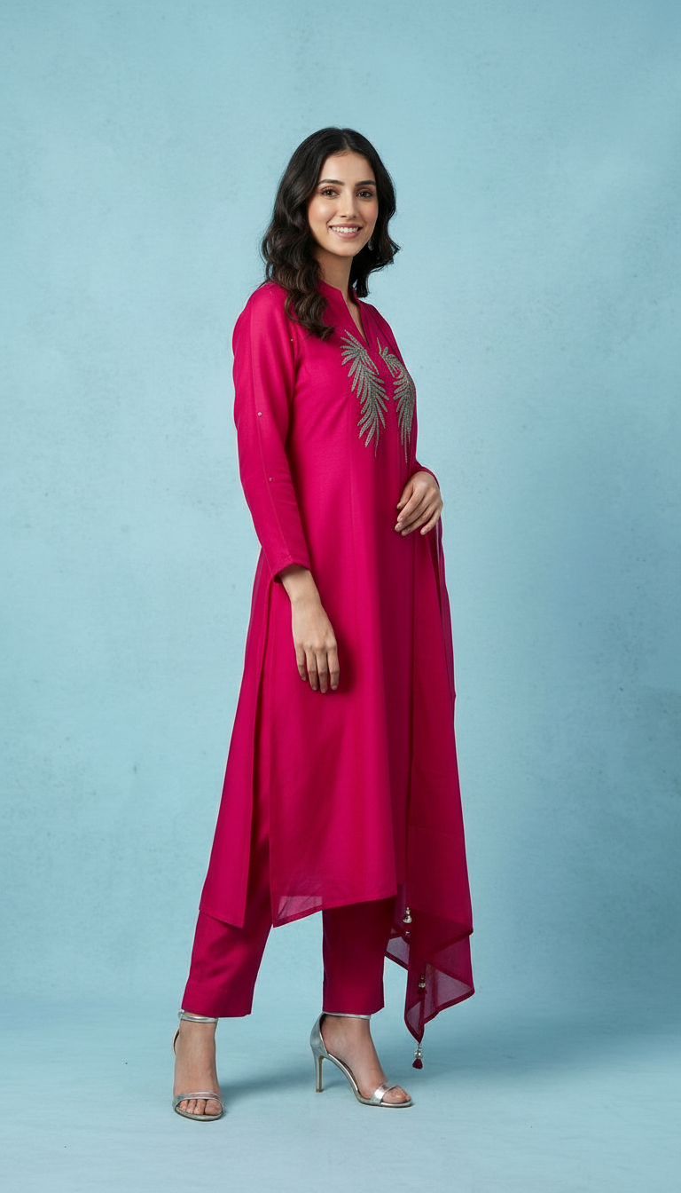 Pure Viscose Silk Embroidered Stitched Frock Suit  - Rose / HC002148 view 2