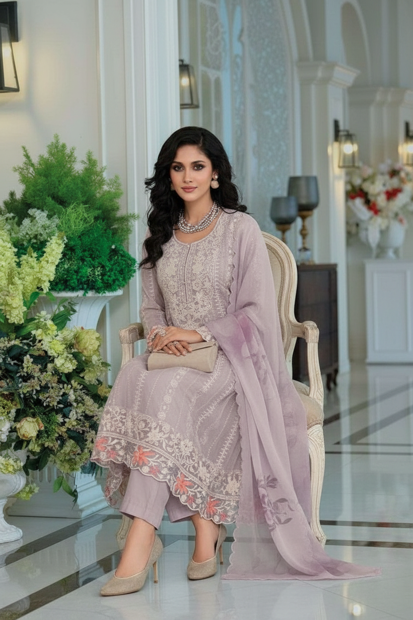 BEAUTY SUHANA ORGANZA EMBROIDERY DESIGNER WORK LADIES STITCHED SUIT view 5