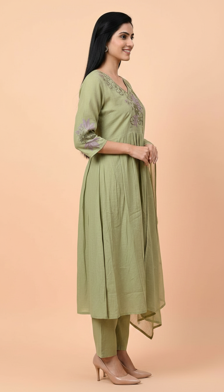 Embroidered Cotton Silk Frock Stitched Suit - Mehndi / HC002022 view 3