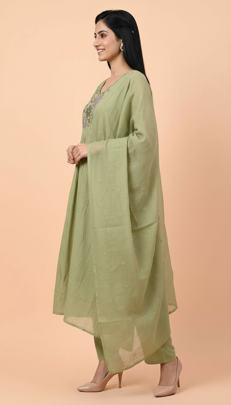 Embroidered Cotton Silk Frock Stitched Suit - Mehndi / HC002022 view 2