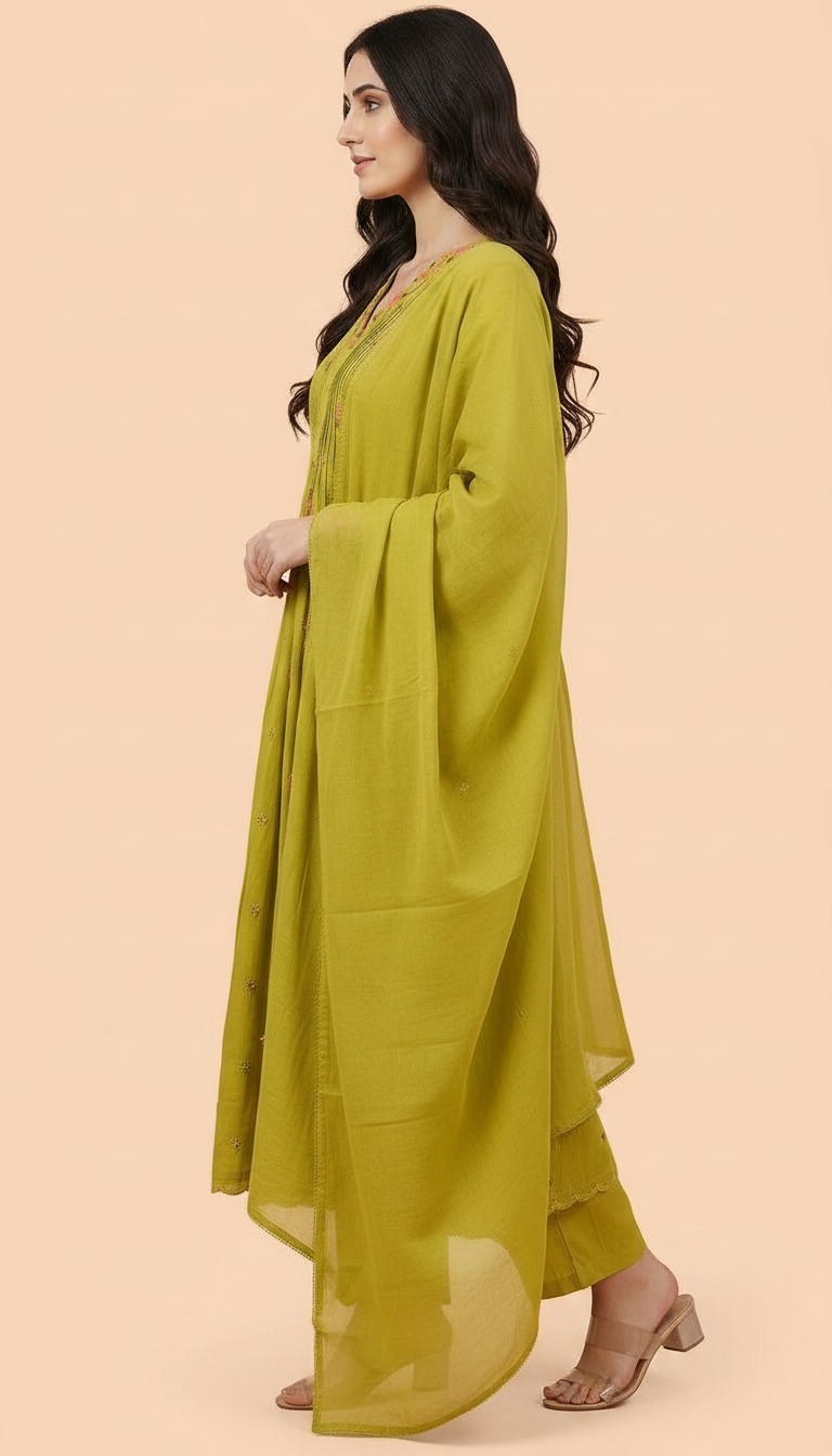 Embroidered Dola Silk Stitched Frock Suit - Green / HC002261 view 2