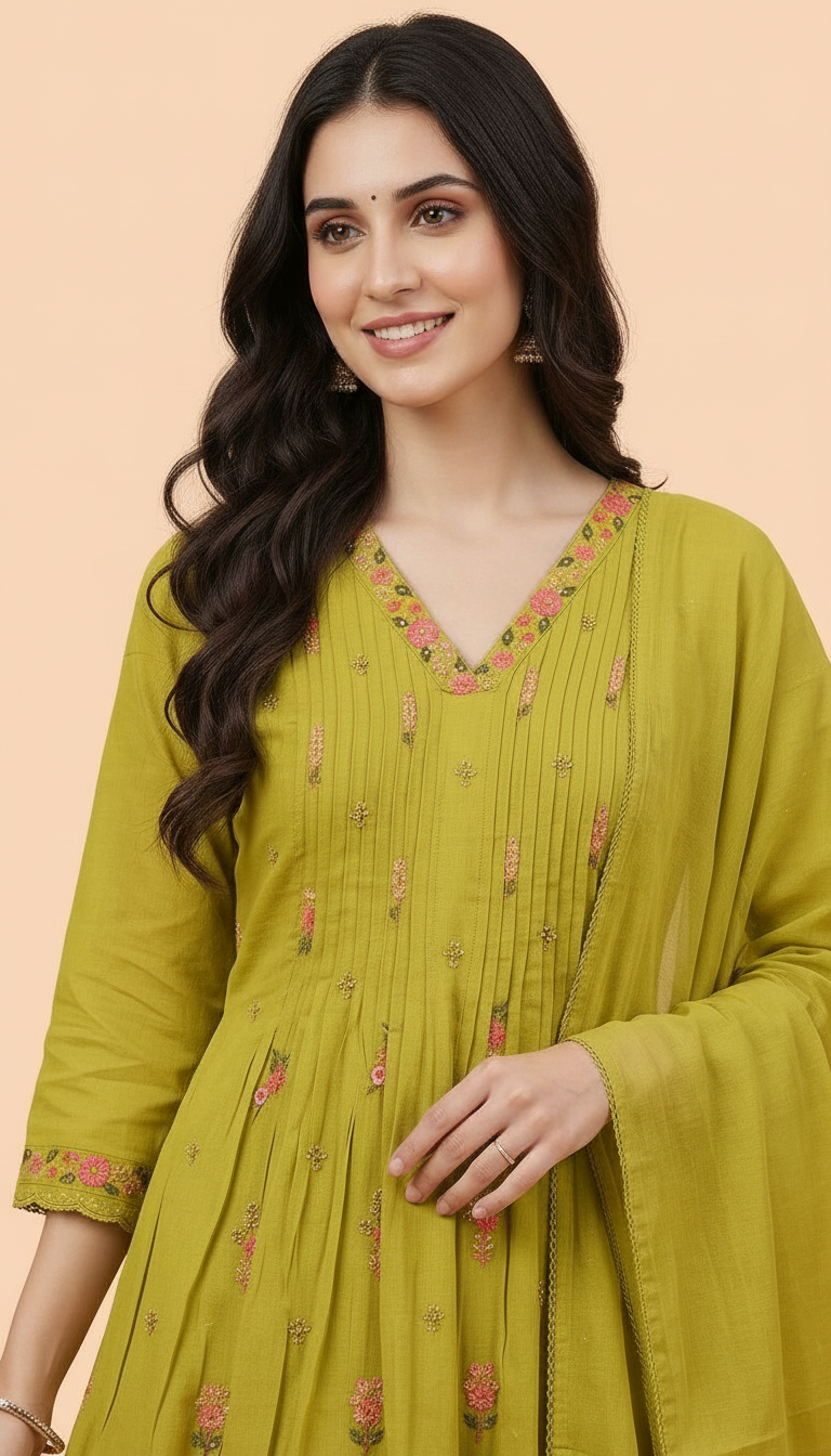 Embroidered Dola Silk Stitched Frock Suit - Green / HC002261 view 3