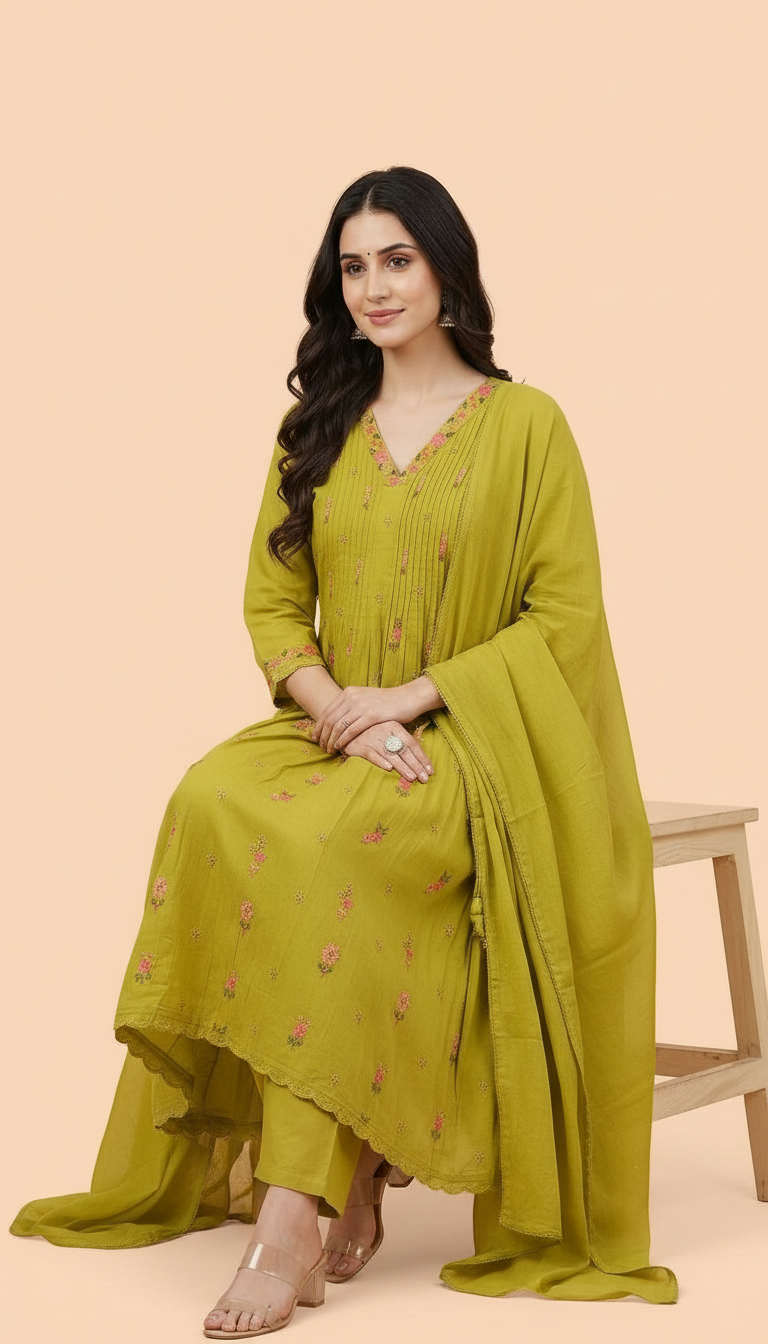 Embroidered Dola Silk Stitched Frock Suit - Green / HC002261 view 4