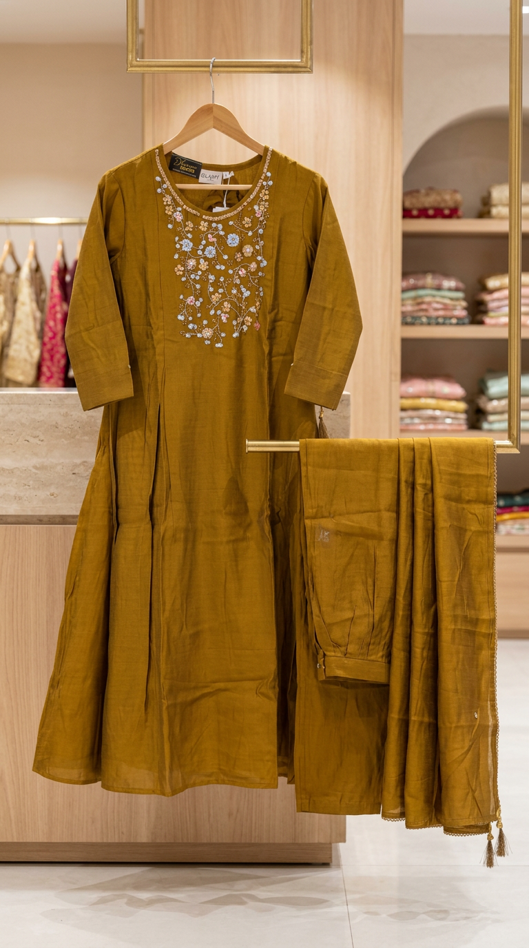 Embroidered Roman Sulb Silk Stitched Frock Suit -:Golden / HC002165 view 5