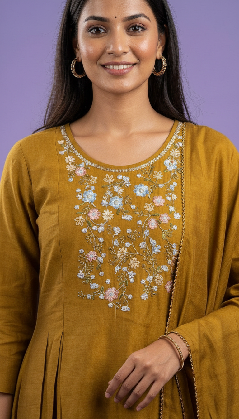 Embroidered Roman Sulb Silk Stitched Frock Suit -:Golden / HC002165 view 3