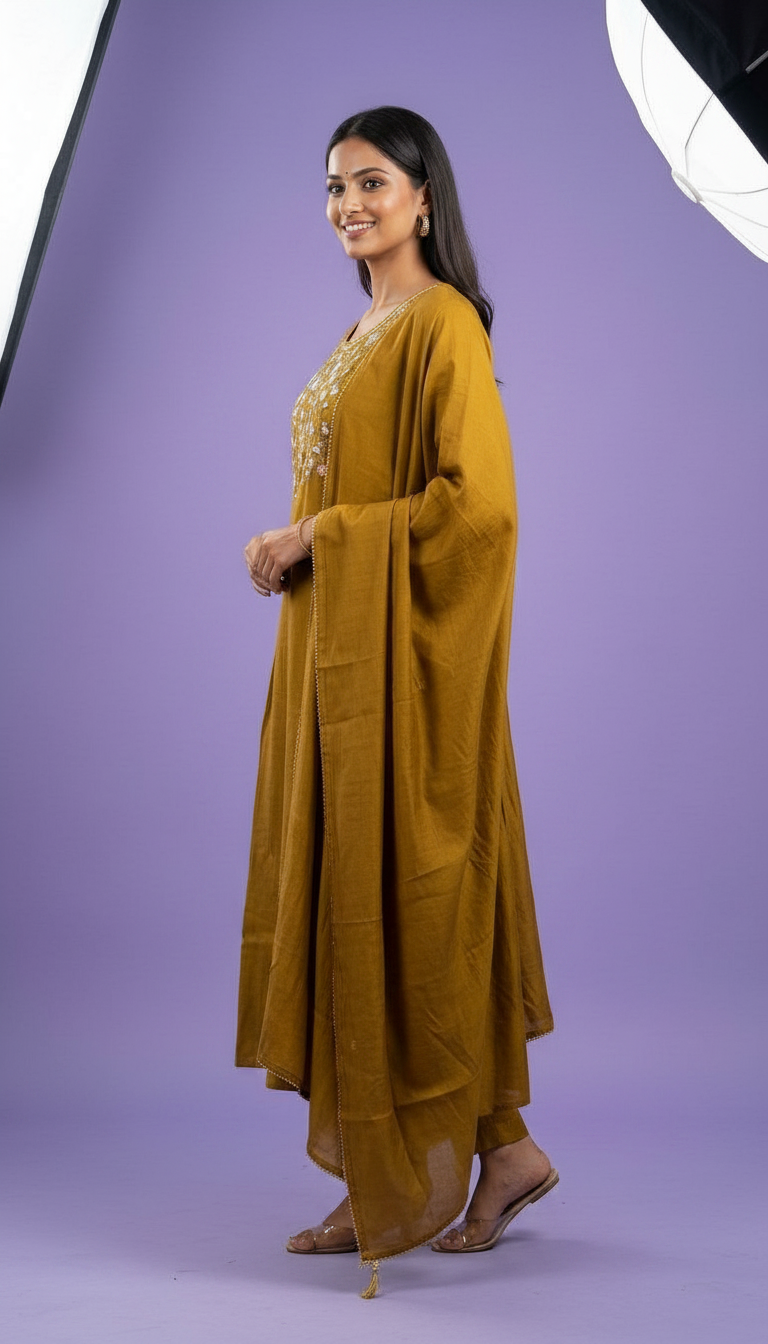 Embroidered Roman Sulb Silk Stitched Frock Suit -:Golden / HC002165 view 2