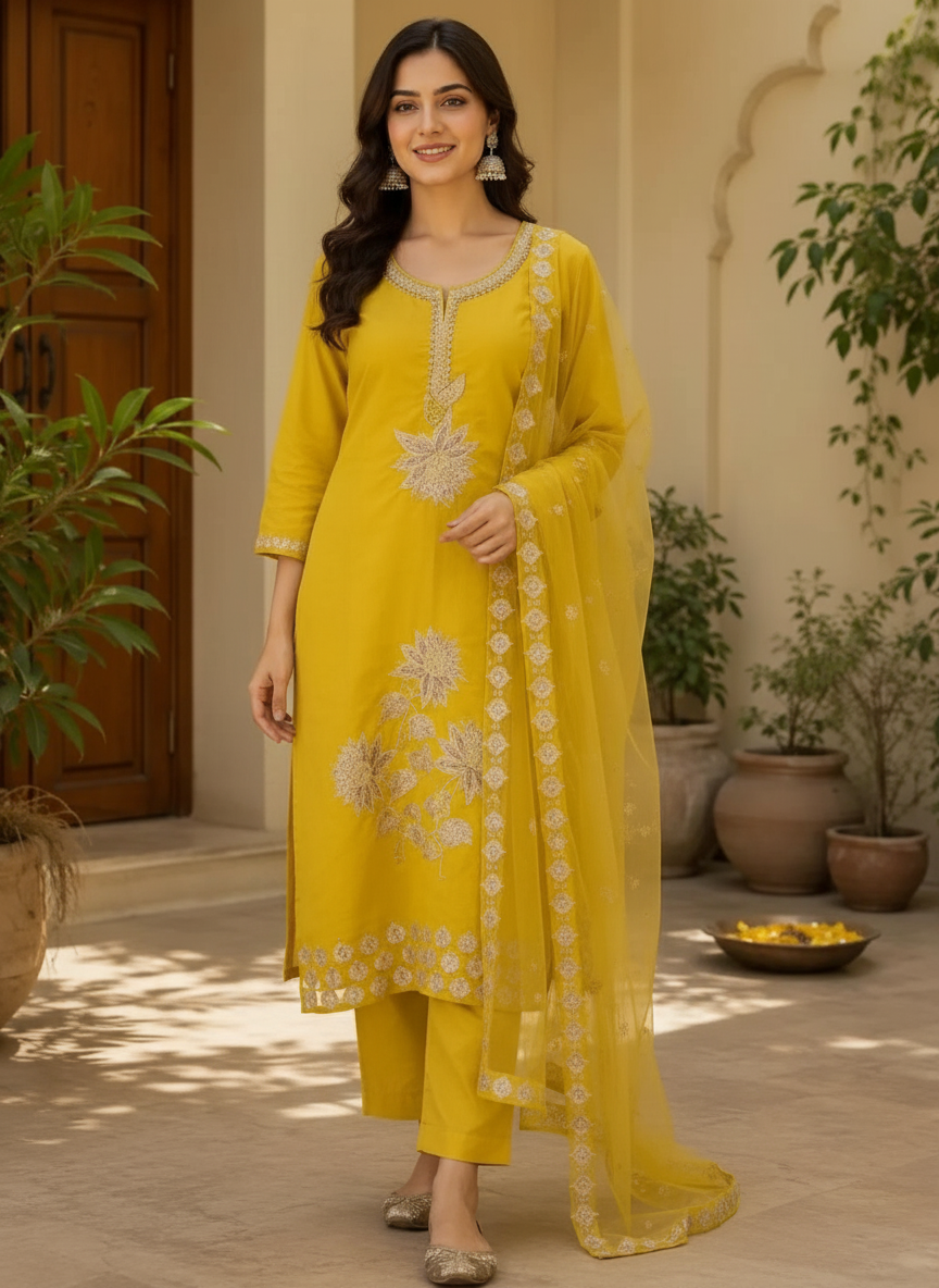 Embroidered Golden Work Dola Silk Partywear Stitched Suit - Yellow  / HC002061 view 5