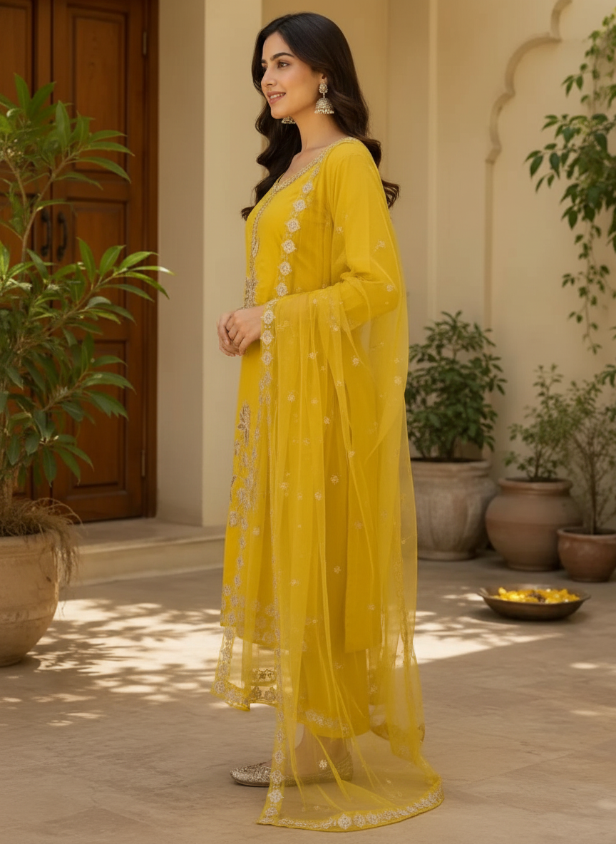 Embroidered Golden Work Dola Silk Partywear Stitched Suit - Yellow  / HC002061 view 2