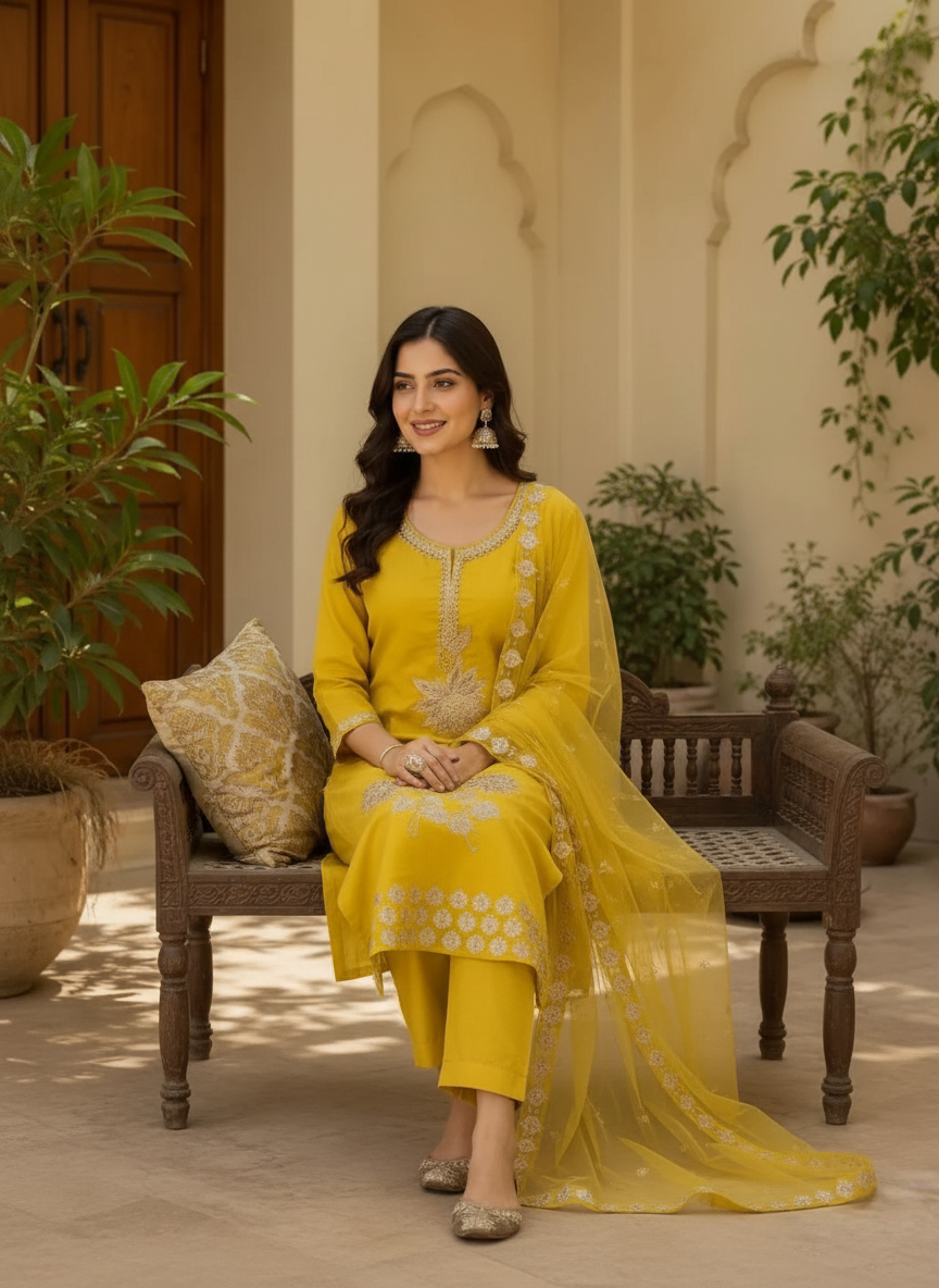 Embroidered Golden Work Dola Silk Partywear Stitched Suit - Yellow  / HC002061 view 4
