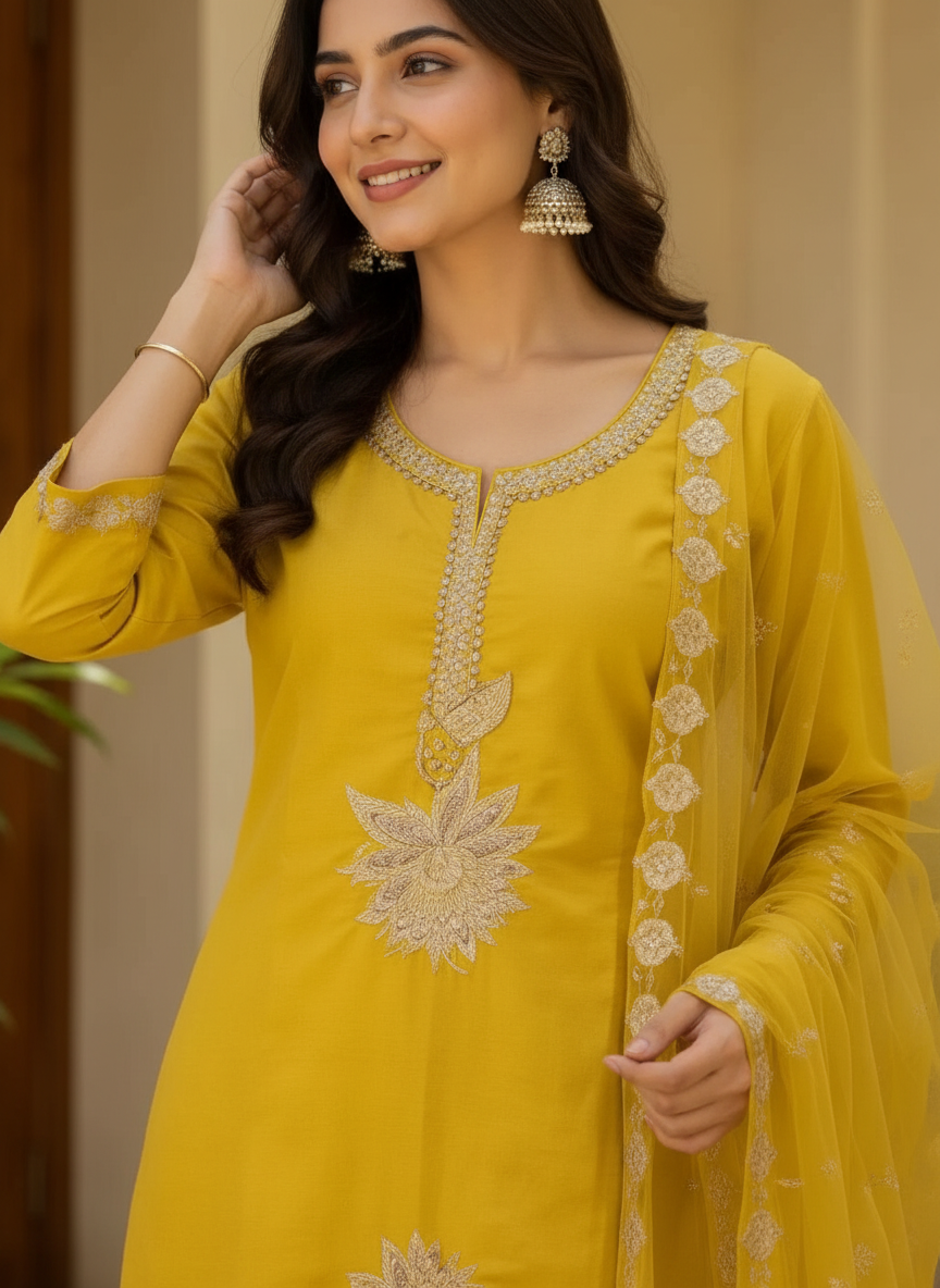 Embroidered Golden Work Dola Silk Partywear Stitched Suit - Yellow  / HC002061 view 3
