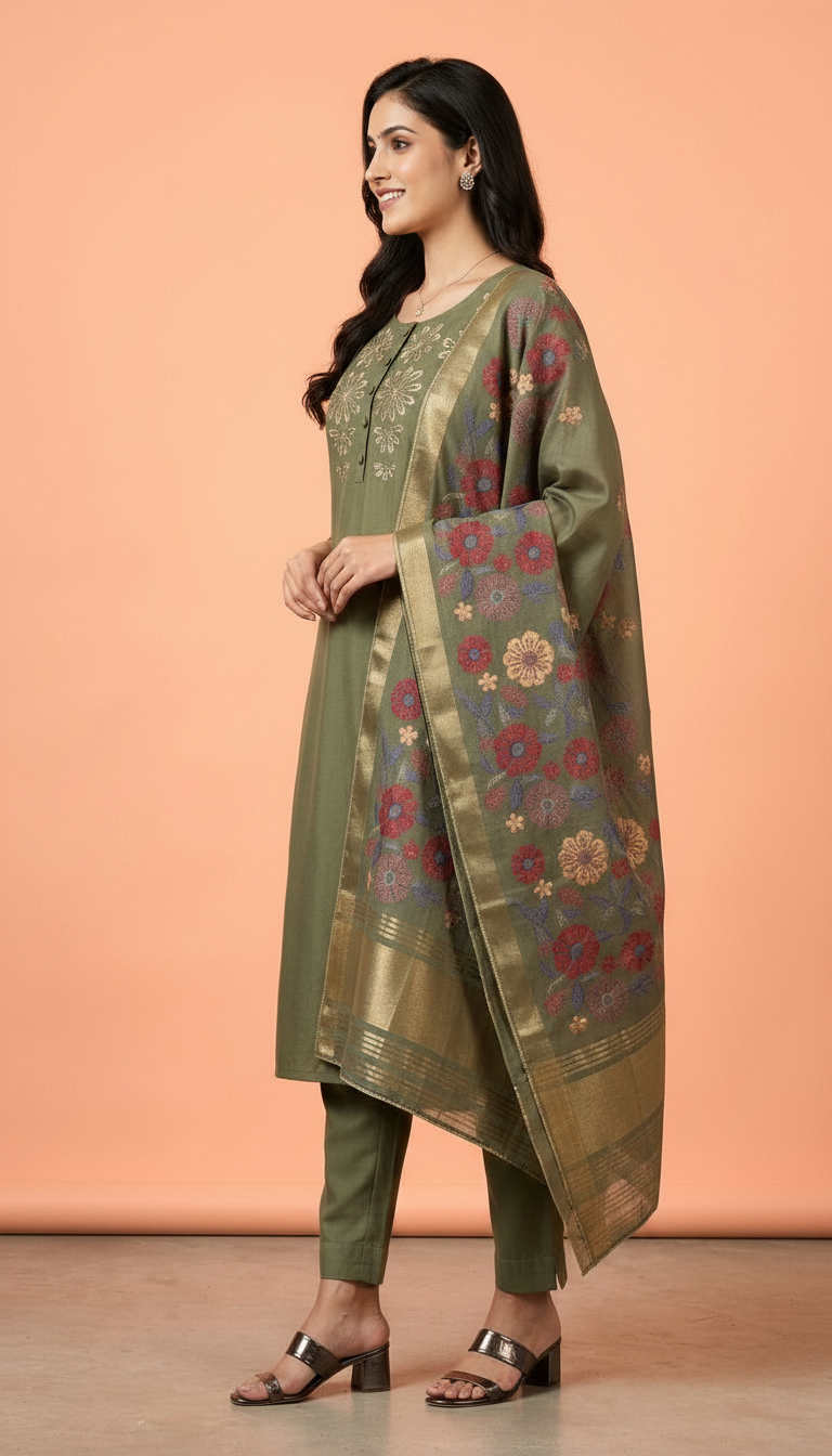 Embroidered Olive Green Stitched Suit  - Mehndi / HC002032 view 2