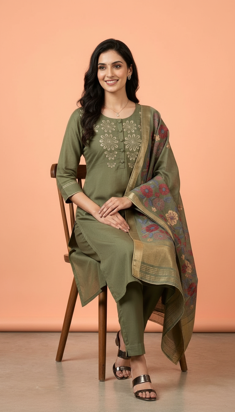 Embroidered Olive Green Stitched Suit  - Mehndi / HC002032 view 4