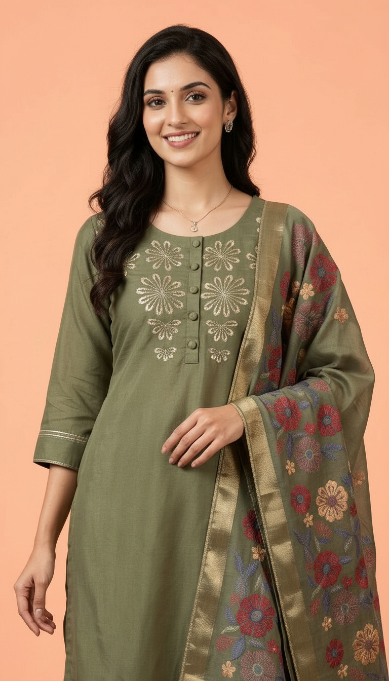 Embroidered Olive Green Stitched Suit  - Mehndi / HC002032 view 3