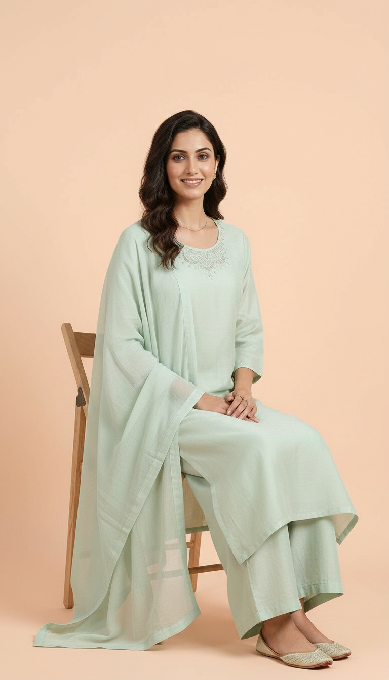 Plain Modal Silk Stitched Suit-  Mint Green / HC002153 view 5