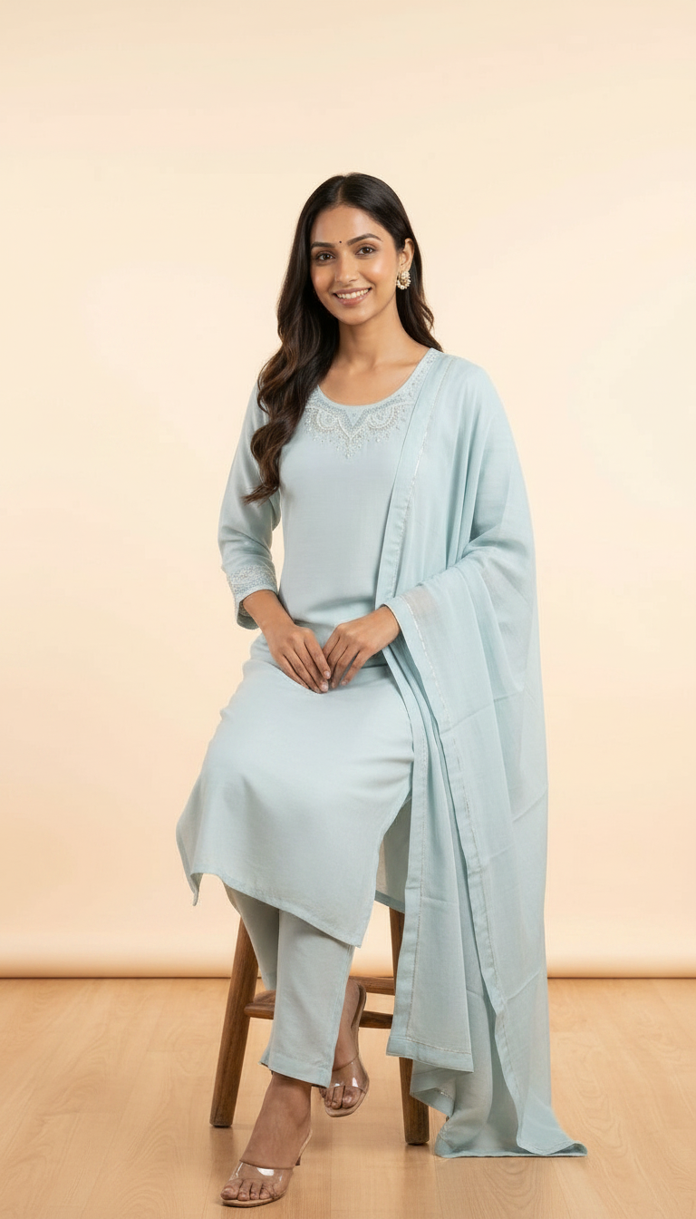 Plain Pure Roman Silk Stitched Suit - Firozi / HC002153 view 5