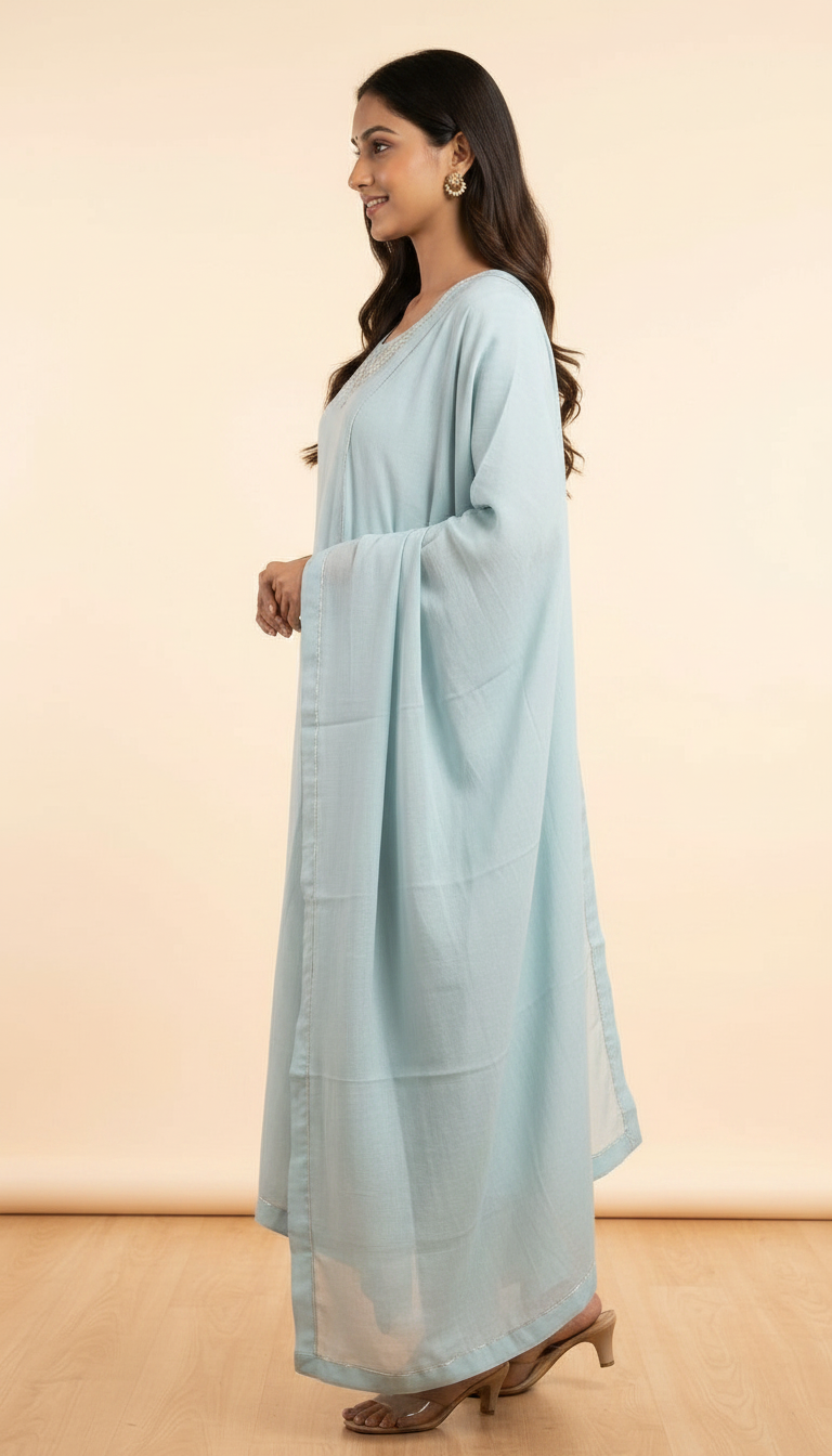 Plain Pure Roman Silk Stitched Suit - Firozi / HC002153 view 2