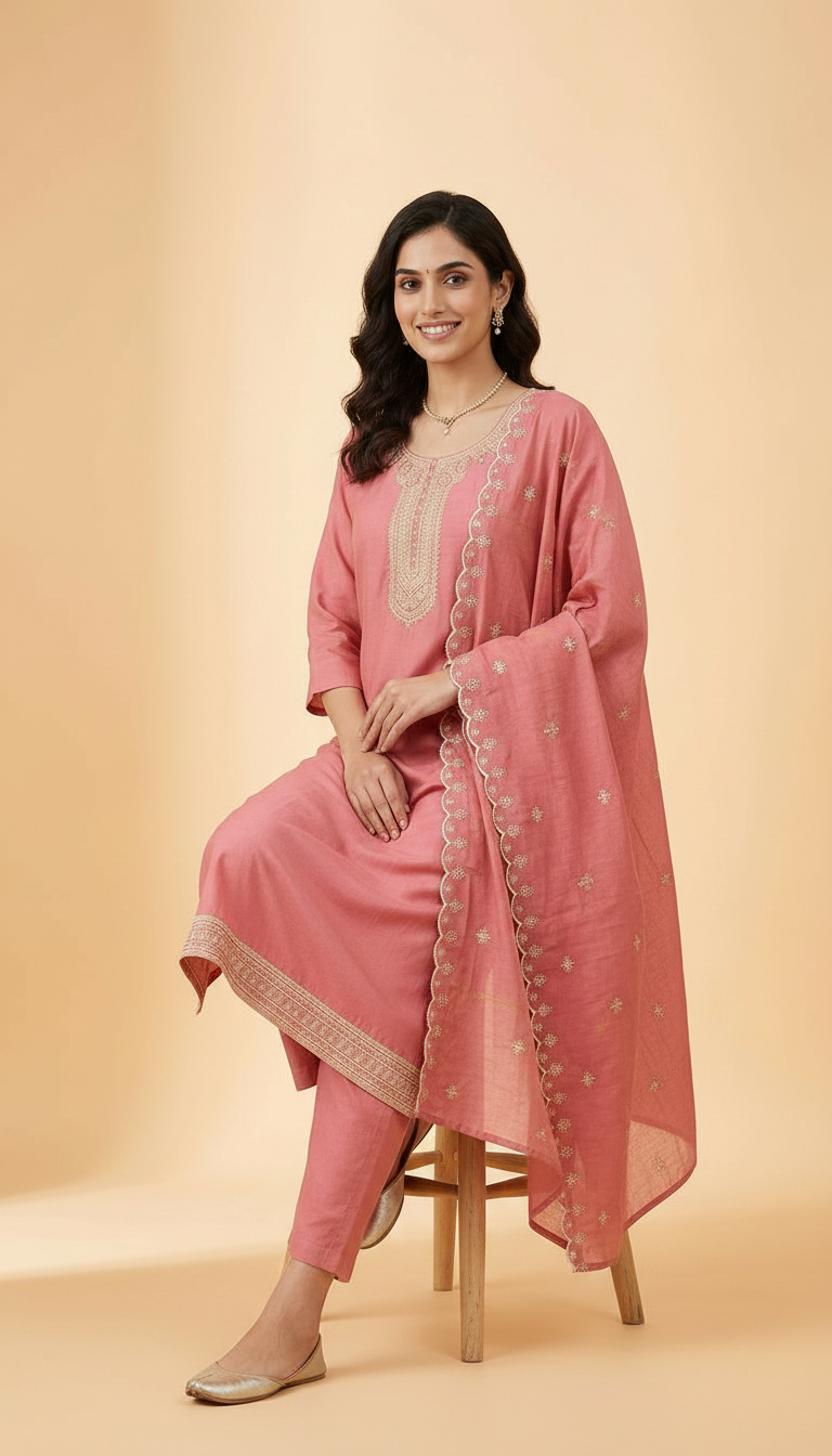 Embroidered Viscose Silk Stitched Pink Suit - Gajri  / HC002156 view 5