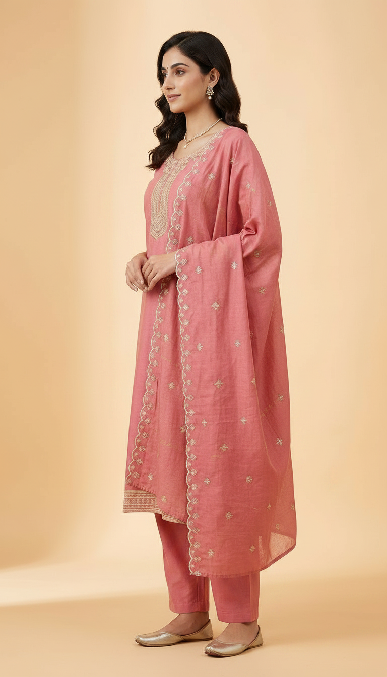 Embroidered Viscose Silk Stitched Pink Suit - Gajri  / HC002156 view 2