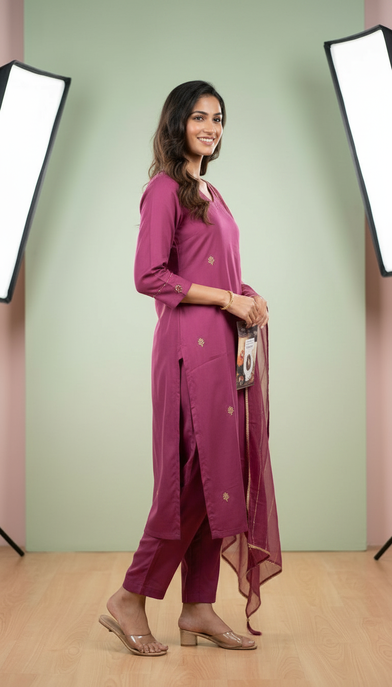 Embroidered Dola Silk Stitched Suit - Wine 2890 A / HC002381 view 3