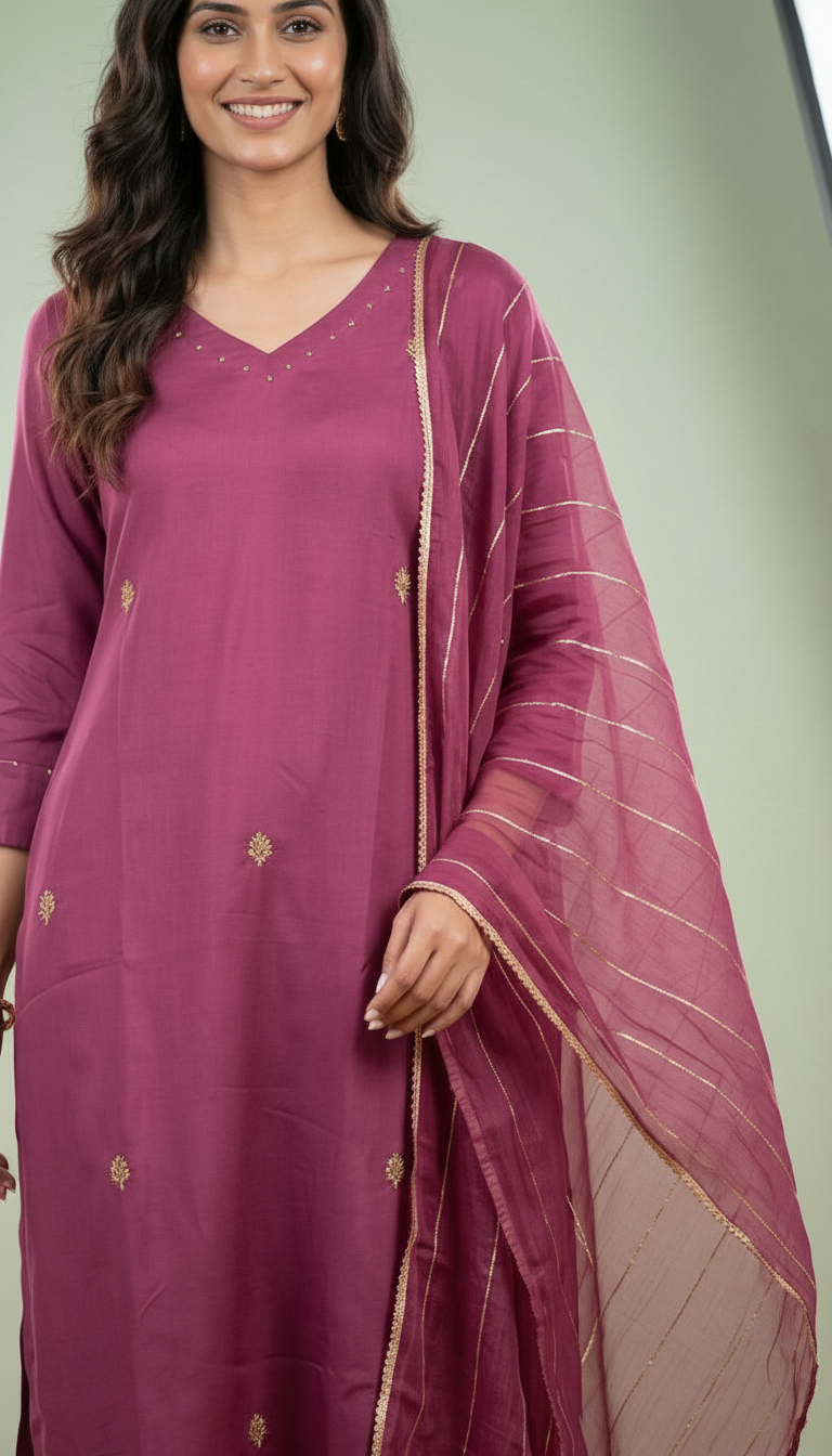 Embroidered Dola Silk Stitched Suit - Wine 2890 A / HC002381 view 4