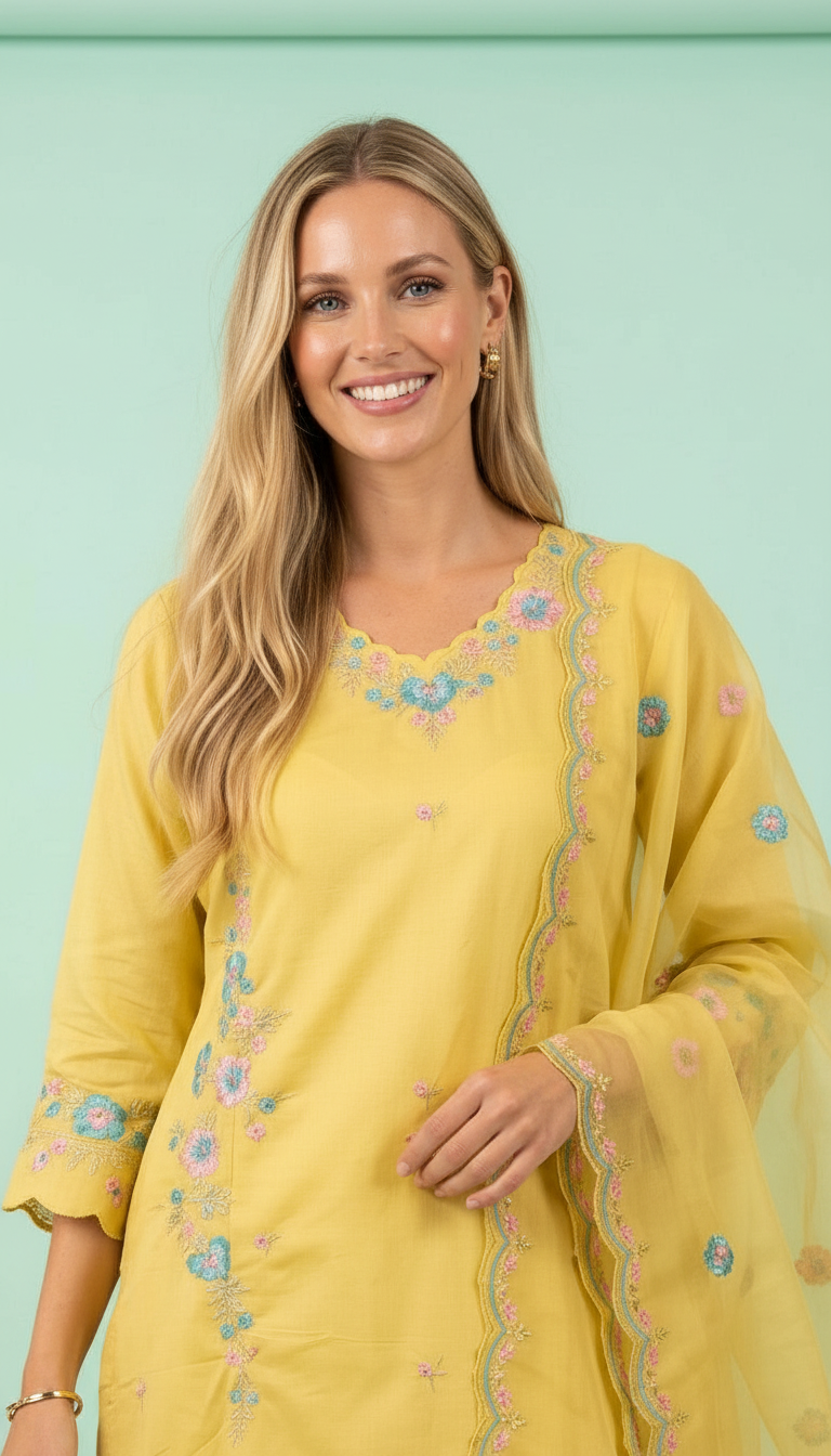 Embroidered Modal Silk Stitched Suit - Yellow / HC002164 view 3