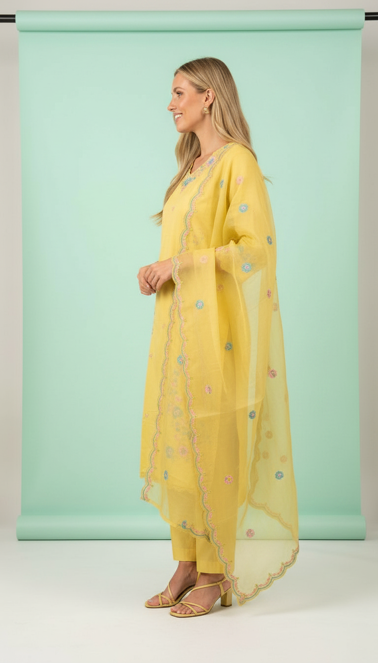 Embroidered Modal Silk Stitched Suit - Yellow / HC002164 view 2