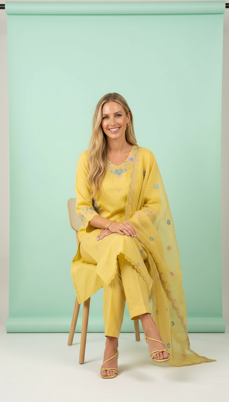 Embroidered Modal Silk Stitched Suit - Yellow / HC002164 view 4