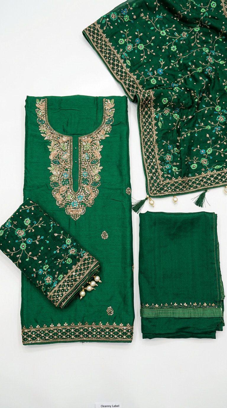 Heavy Embroidered Unstitched Suit - Dark Green. / HC001497 view 5