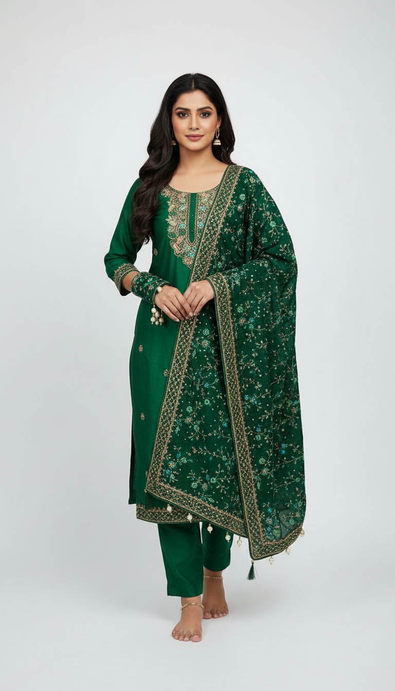 Heavy Embroidered Unstitched Suit - Dark Green. / HC001497 view 4